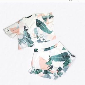 Shein White Two Piece Set. Bamboo leaf print. Med
